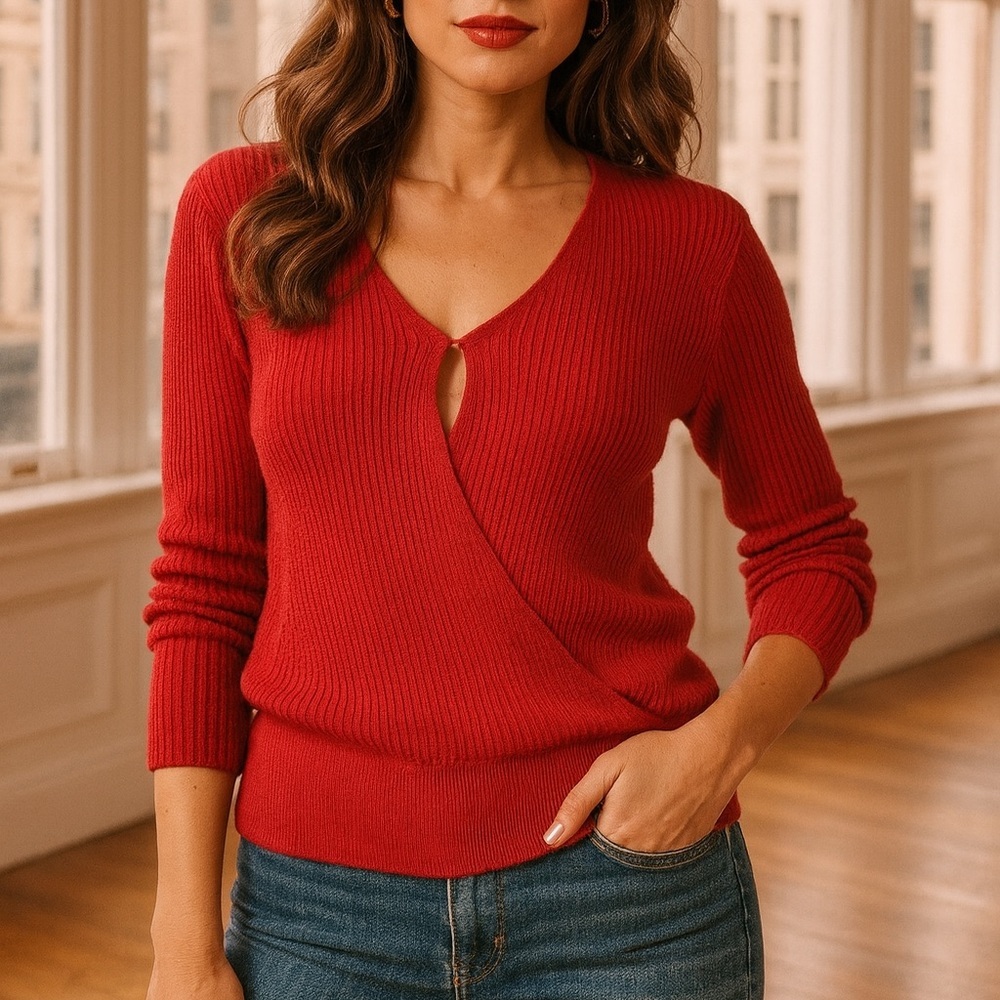 Elodie Red Ribbed Faux Wrap Surplice V Neck Sweater Long Sleeve Size Large Women